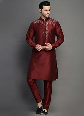 Maroon Dupion Silk Embroidered Kurta Pyjama For Men