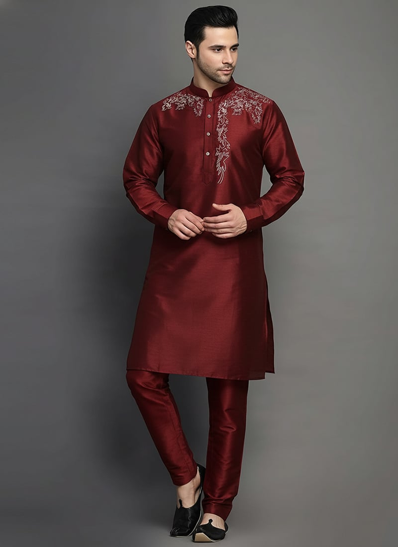 Maroon Dupion Silk Embroidered Kurta Pyjama For Men Festive Wear