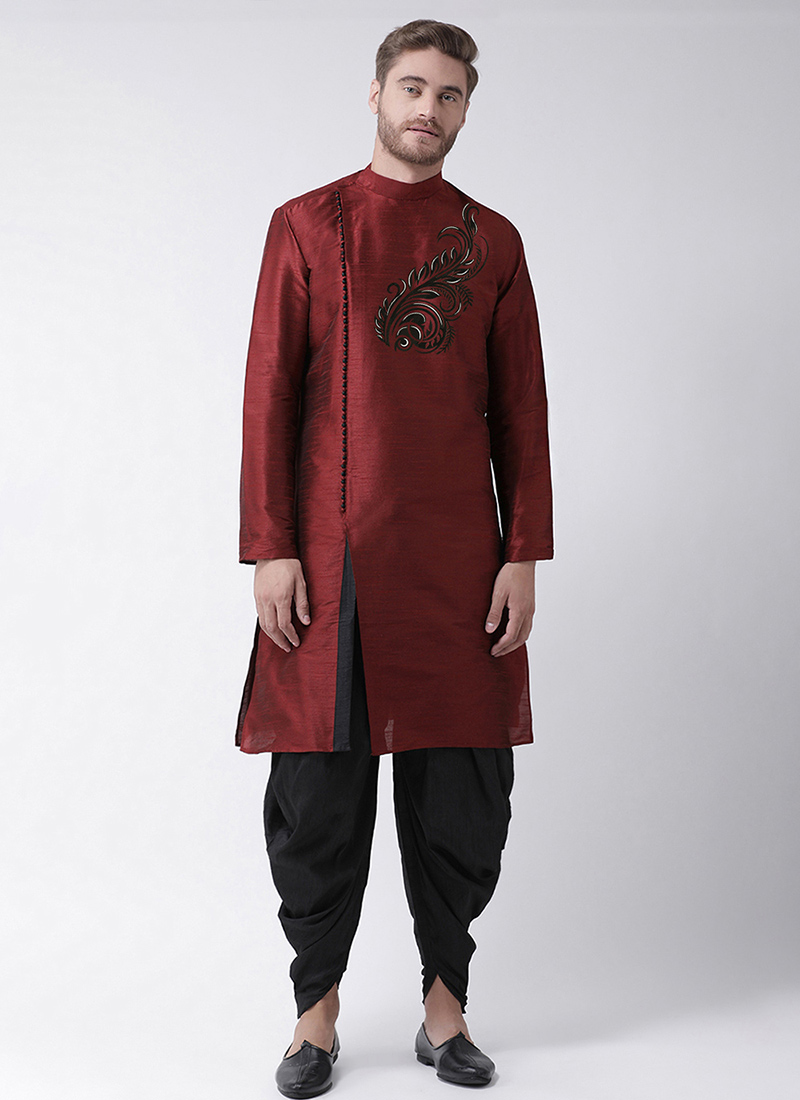 Maroon Dupion Silk Embroidered Kurta Pyjama For Men Festive Wear