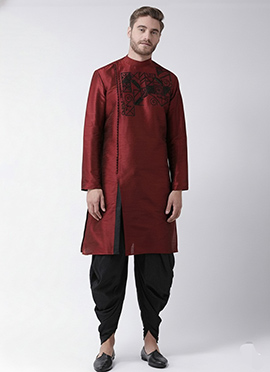 Maroon Dupion Silk Embroidered Kurta Pyjama