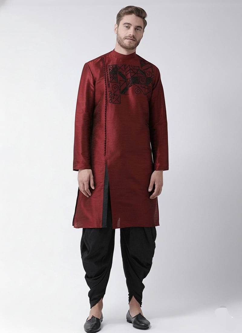 Maroon Dupion Silk Embroidered Kurta Pyjama Festive Wear