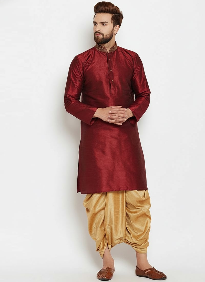 Maroon Dupion Silk Embroidered Kurta Pyjama Festive Wear