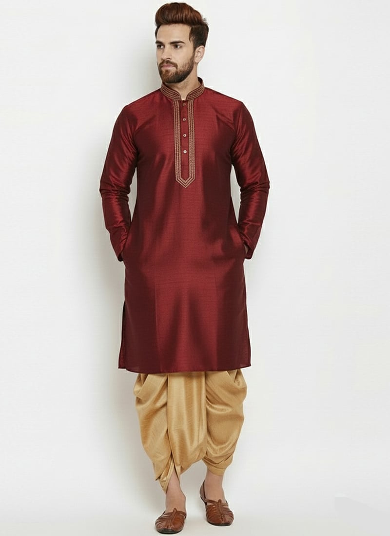 Maroon Dupion Silk Embroidered Kurta Pyjama Festive Wear