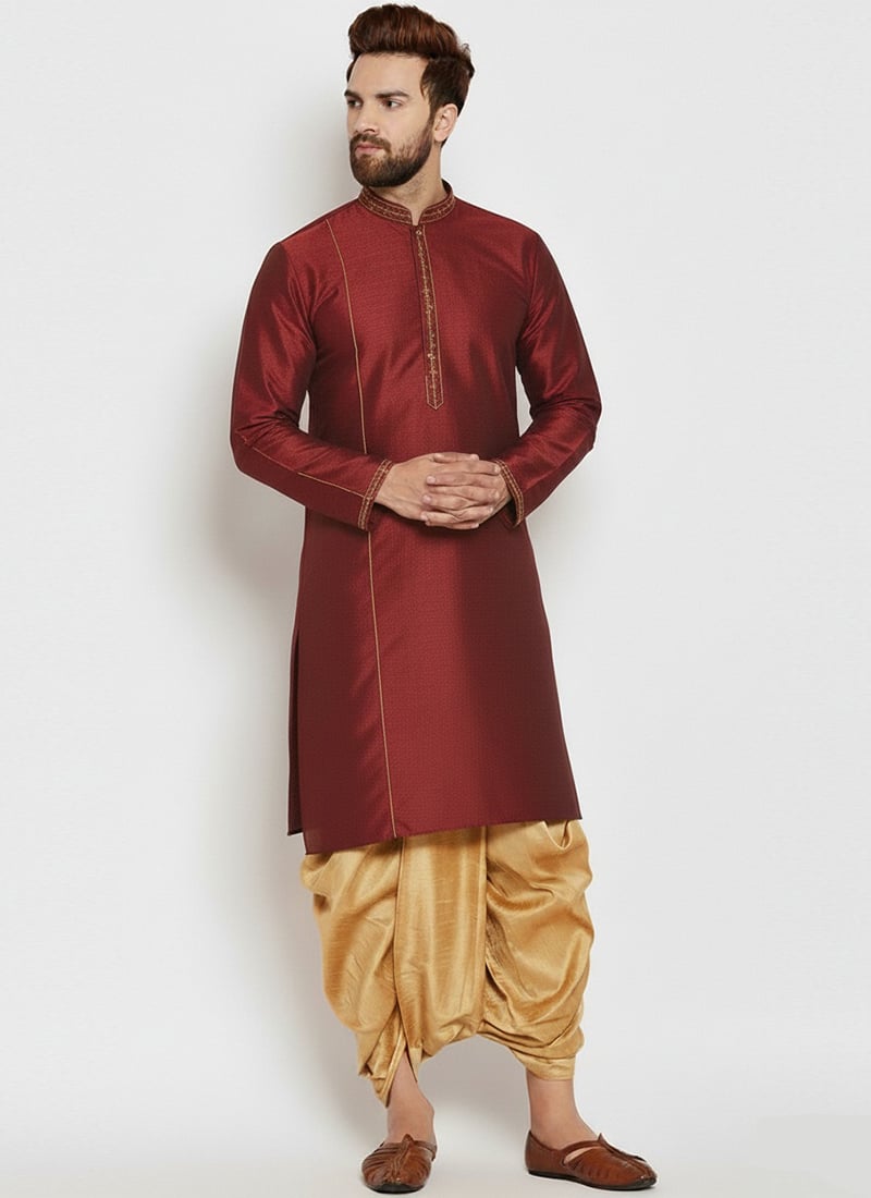 Maroon Dupion Silk Embroidered Kurta Pyjama Festive Wear