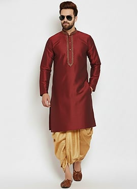 Maroon Dupion Silk Embroidered Kurta Pyjama