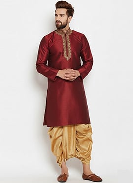 Maroon Dupion Silk Embroidered Kurta Pyjama
