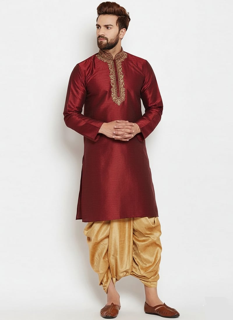 Maroon Dupion Silk Embroidered Kurta Pyjama Festive Wear