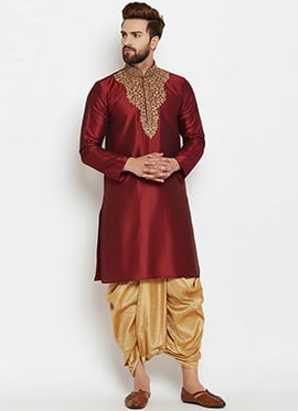 Maroon Dupion Silk Embroidered Kurta Pyjama