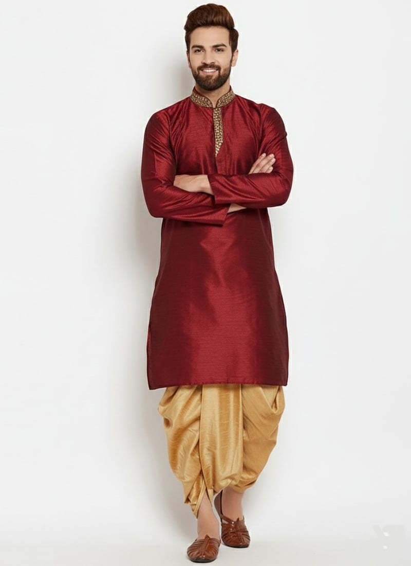Maroon Dupion Silk Embroidered Kurta Pyjama Festive Wear