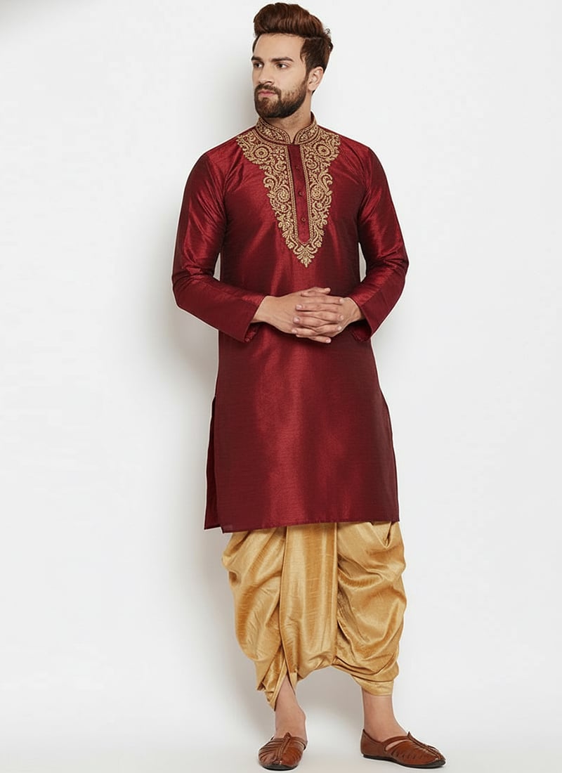Maroon Dupion Silk Embroidered Kurta Pyjama Festive Wear