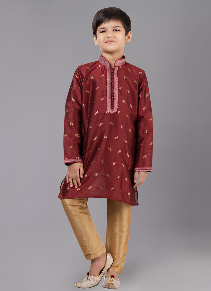 Maroon Dupion Silk Jacquard Kurta Pyjama Festive Wear