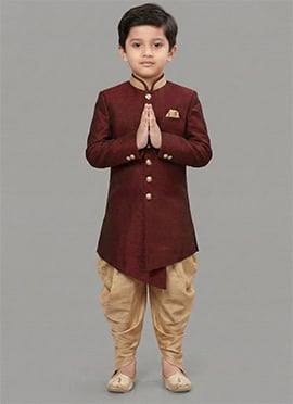 Maroon Dupion Silk Kids Boys Indowestern Sherwani