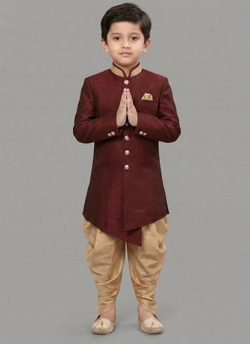 Maroon Dupion Silk Kids Boys Indowestern Sherwani Festive Wear
