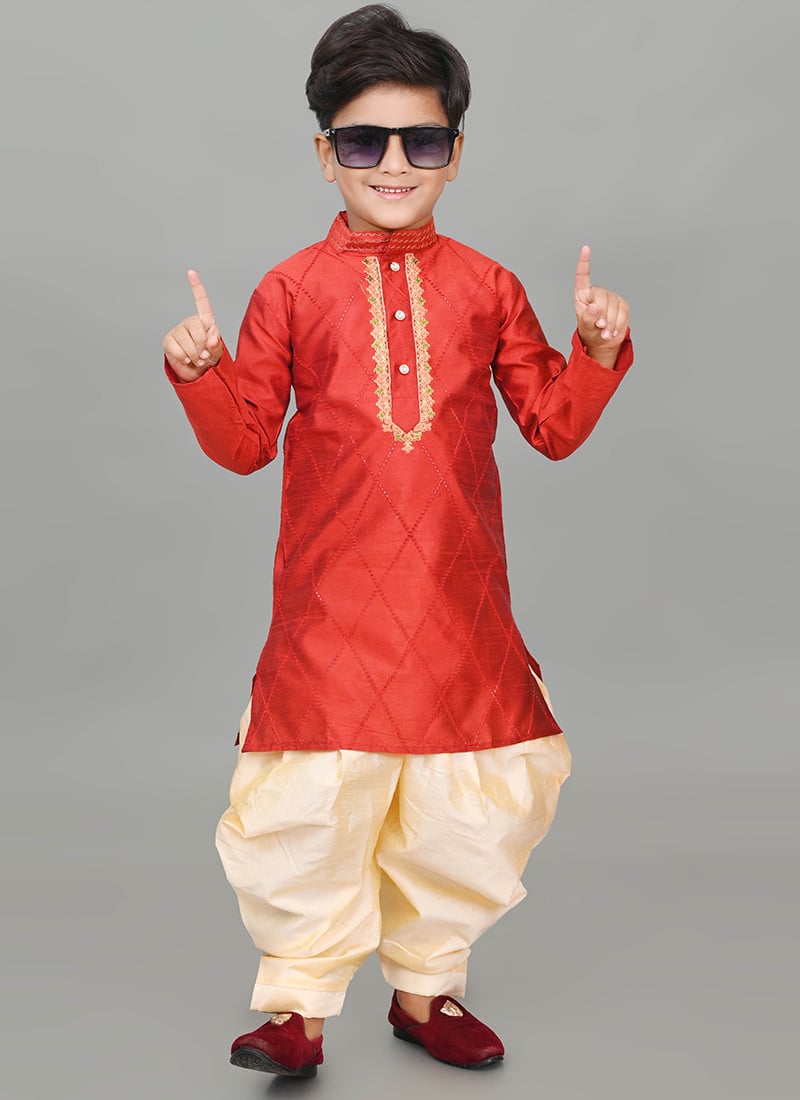 Maroon Embroidered Dupion Silk Boys Kids Dhoti Style Kurta Pyjama Party Wear
