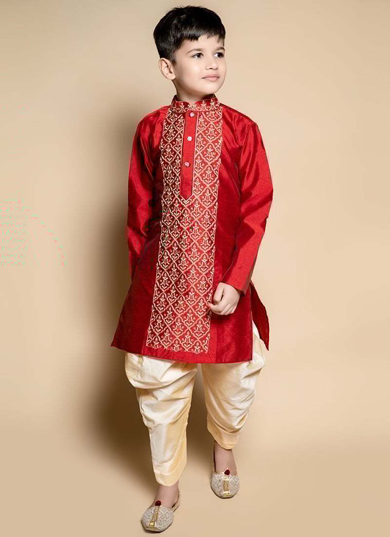 Maroon Embroidered Dupion Silk Kids Dhoti Style Kurta Pyjama Party Wear