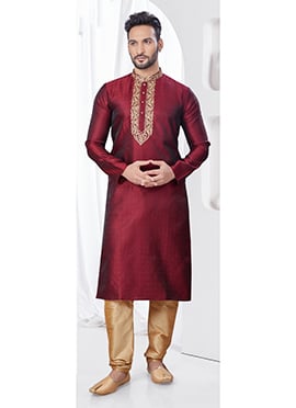 Maroon Embroidered Jacquard Print Silk Kurta Pyjama For Men
