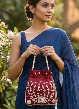 Maroon Embroidered Potli Bag With Pearl Bead Work