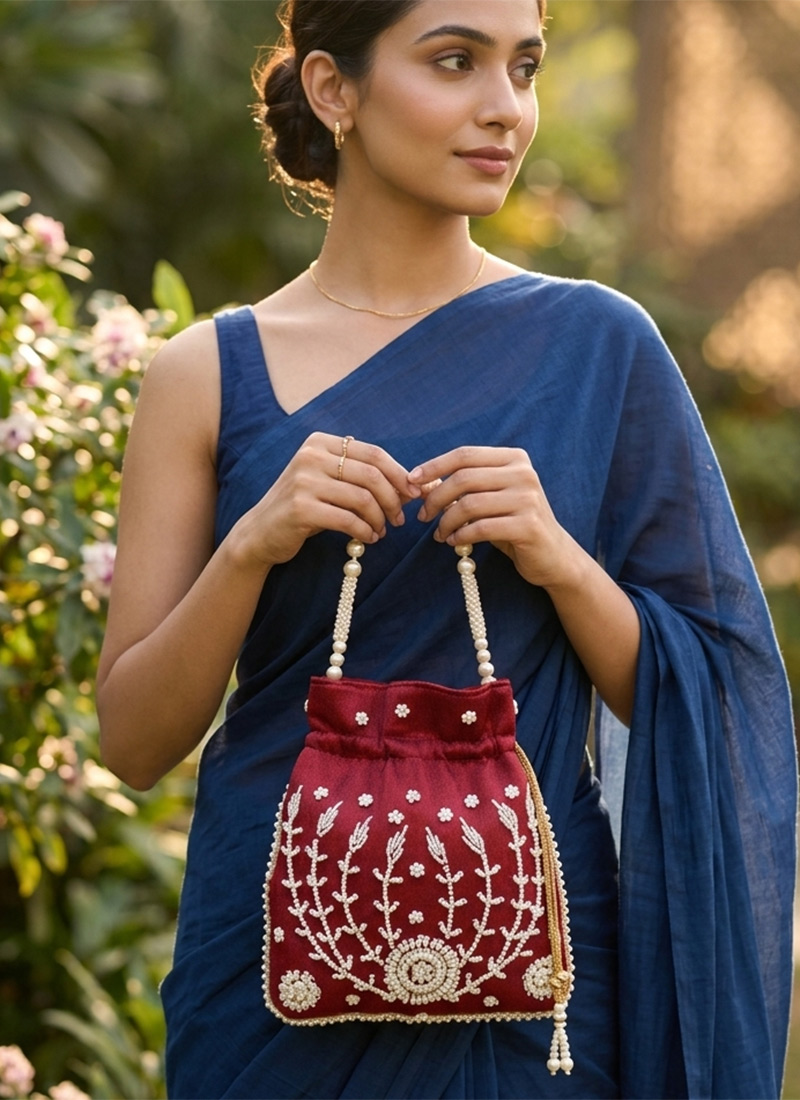 Maroon Embroidered Potli Bag With Pearl Bead Work