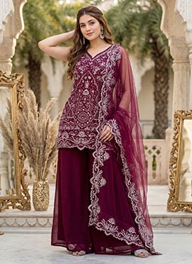 Maroon Embroidered Sequins Georgette Palazzo Suit