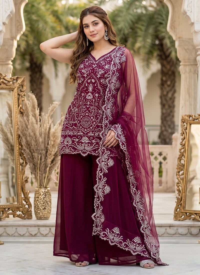 Maroon Embroidered Sequins Georgette Palazzo Suit Festive Wear