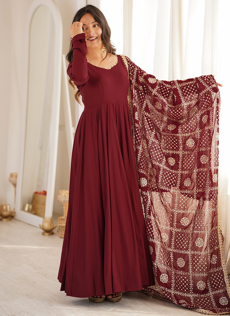 Maroon Embroidered Sequins Silk Anarkali Suit Festive Wear