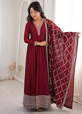 Maroon Embroidered Sequins Silk Anarkali Suit
