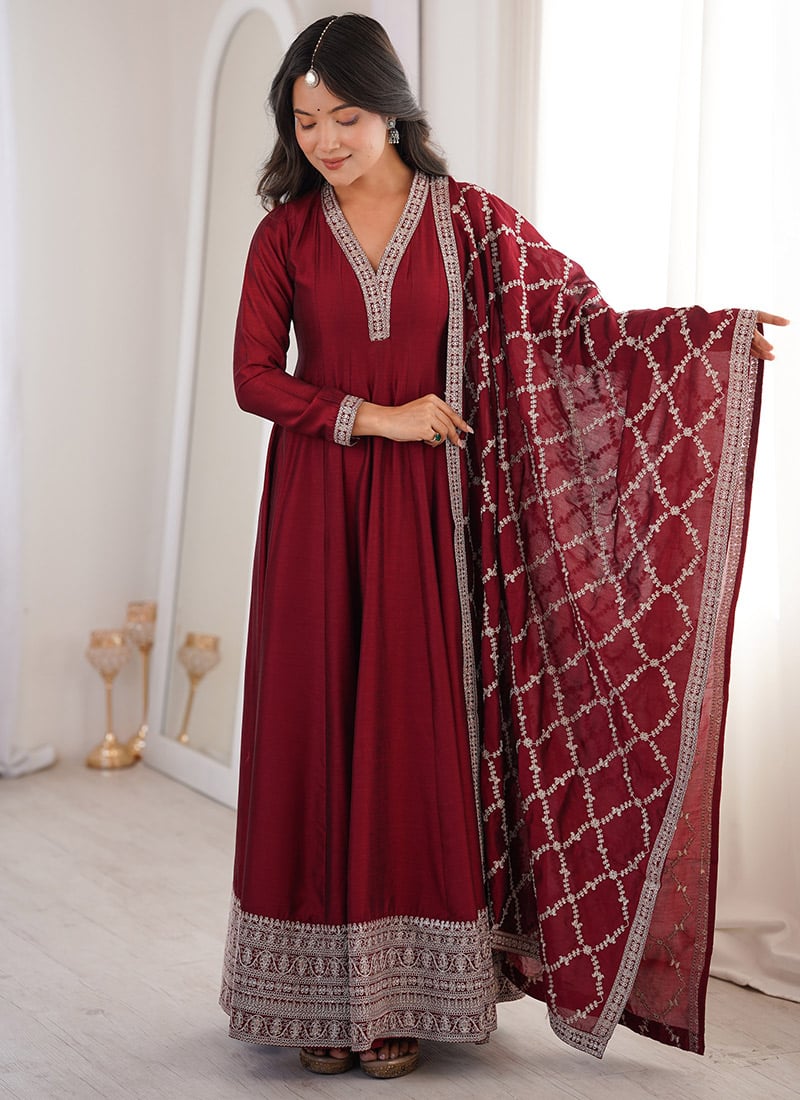 Maroon Embroidered Sequins Silk Anarkali Suit Festive Wear