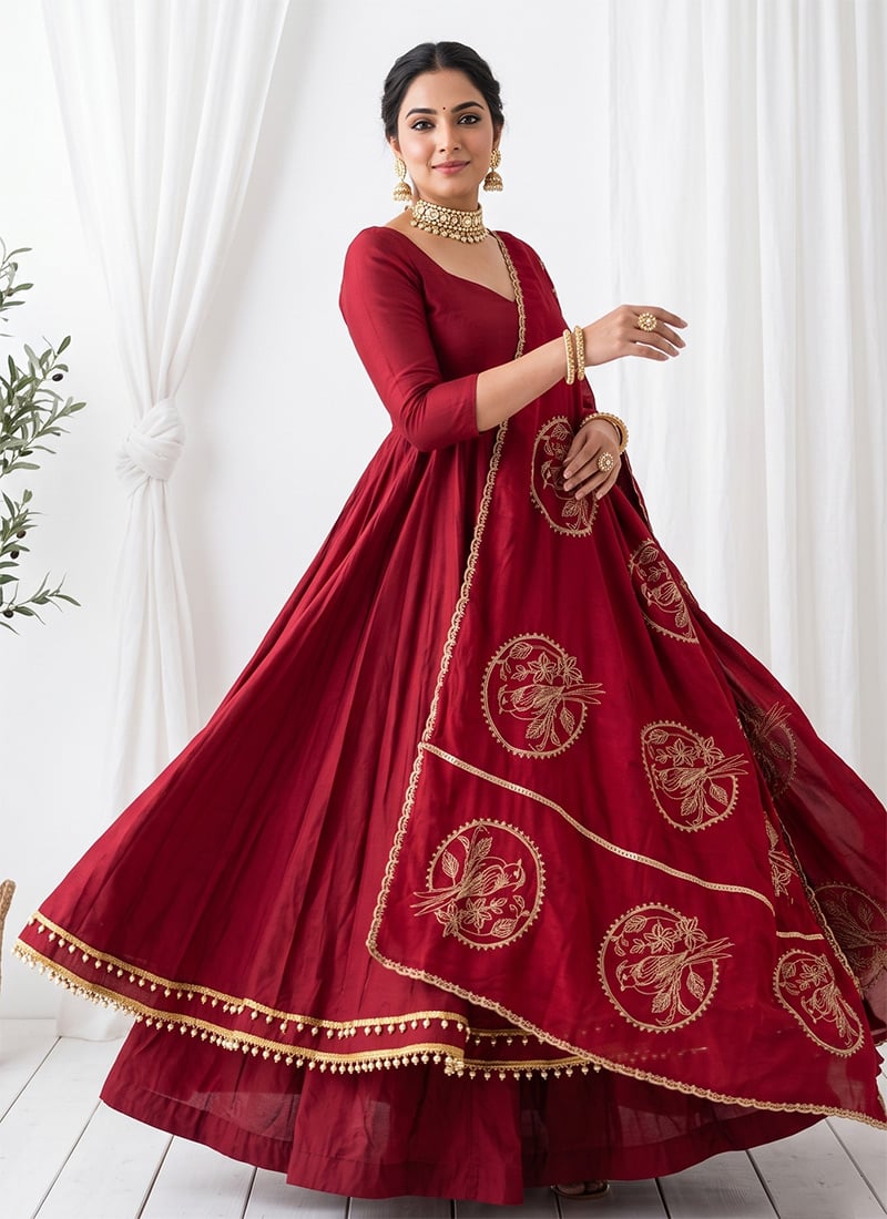 Maroon Embroidered Silk Palazzo Suit Festive Wear