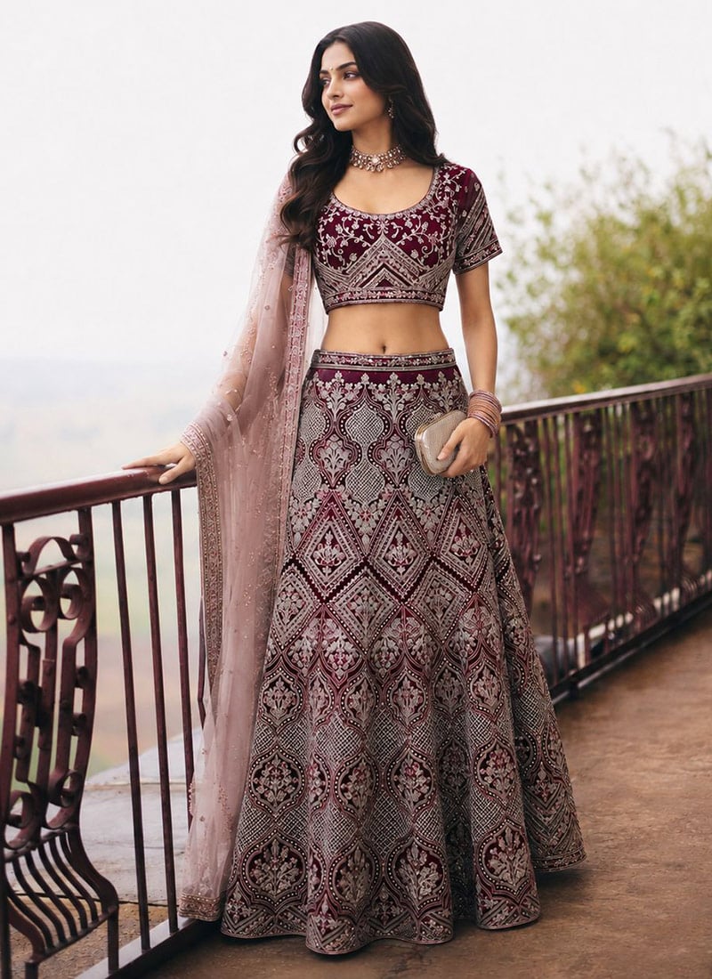 Maroon Embroidered Soft Net Lehenga Wedding Wear