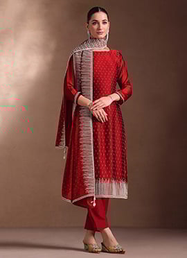 Maroon Embroidered Stone Work Cotton Georgette Straight Pant Suit