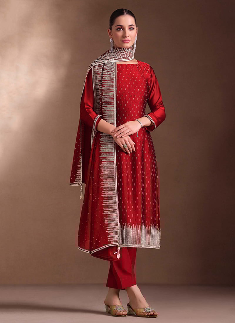 Maroon Embroidered Stone Work Cotton Georgette Straight Pant Suit Festive Wear
