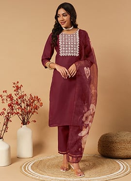 Maroon Embroidered Straight Pant Suit With Digital Print Dupatta