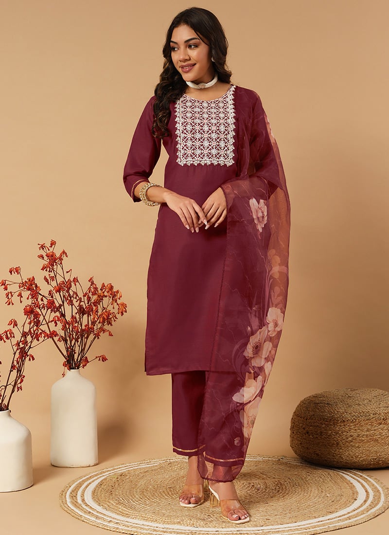 Maroon Embroidered Straight Pant Suit With Digital Print Dupatta After Six Wear