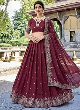 Maroon Embroidered Umbrella Lehenga