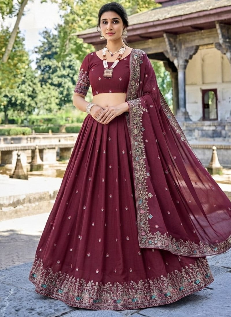 Maroon Embroidered Umbrella Lehenga Festive Wear