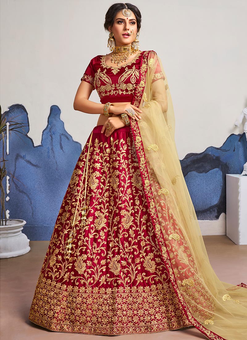 Buy Maroon Embroidered Umbrella Lehenga, Embroidered, umbrella lehenga
