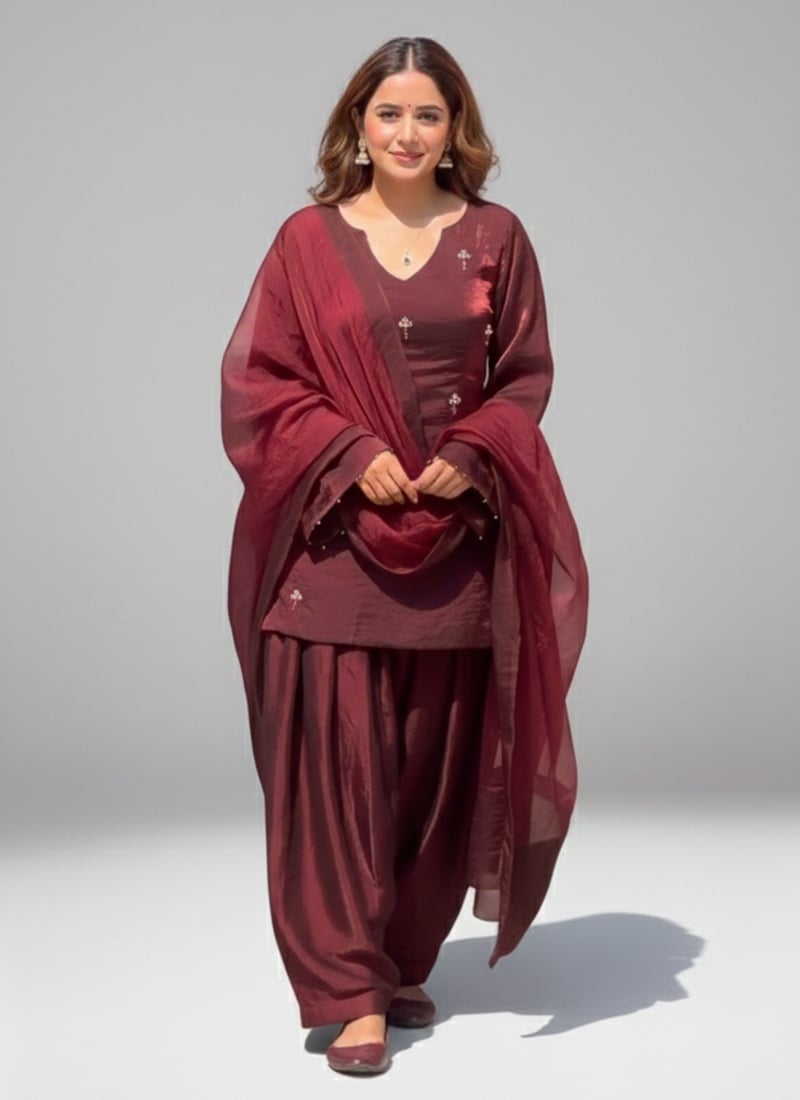 Maroon Fandy Silk Beads Sequins Hand Embroidery Salwar Suit Festive Wear