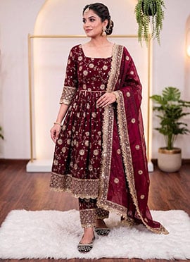 Maroon Fandy Silk Embroidered Anarkali Suit