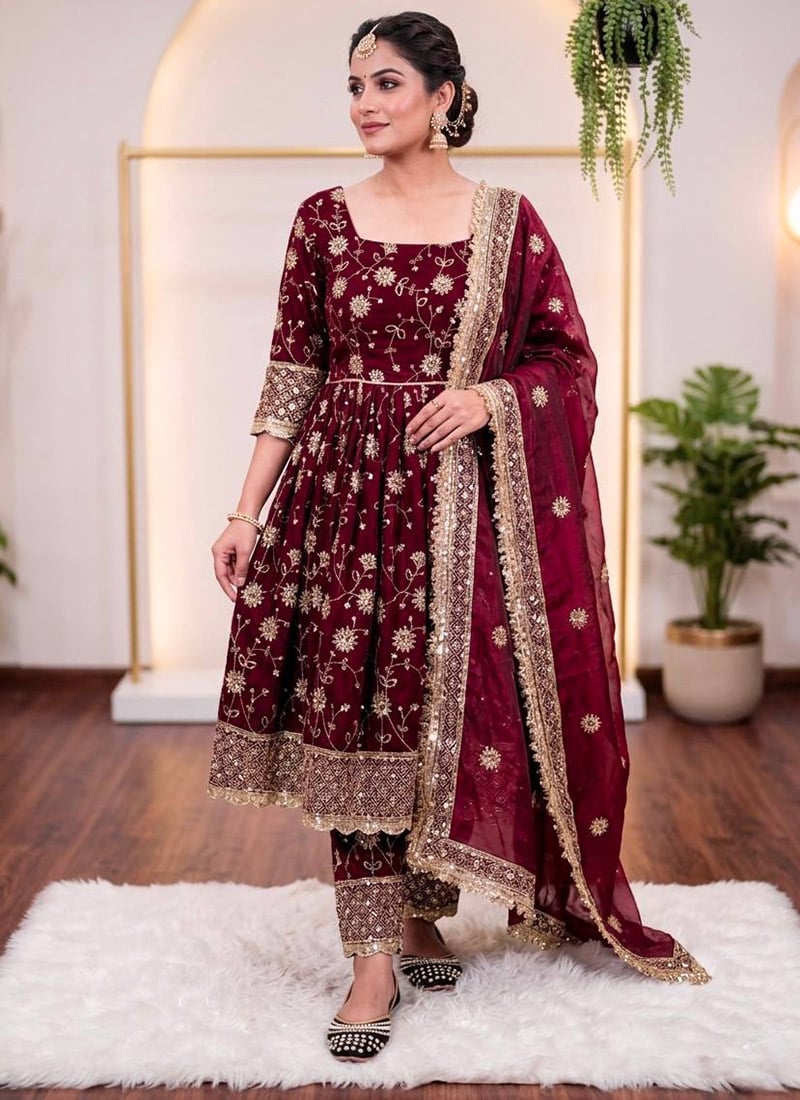 Maroon Fandy Silk Embroidered Anarkali Suit After Six Wear