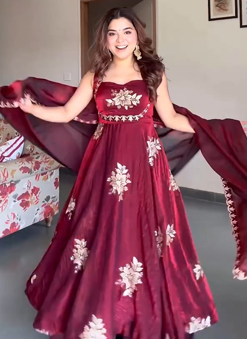 Maroon Fandy Silk Embroidered Floor Length Anarkali Suit After Six Wear