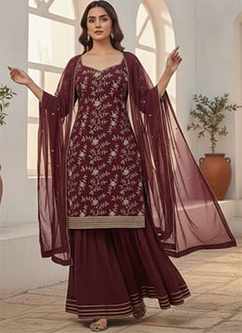 Maroon Fandy Silk Embroidered Palazzo Suit
