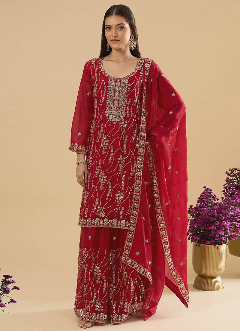 Maroon Fandy Silk Embroidered Sequins Beads Palazzo Suit Festive Wear
