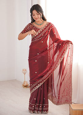 Maroon Fandy Silk Embroidered Sequins Saree