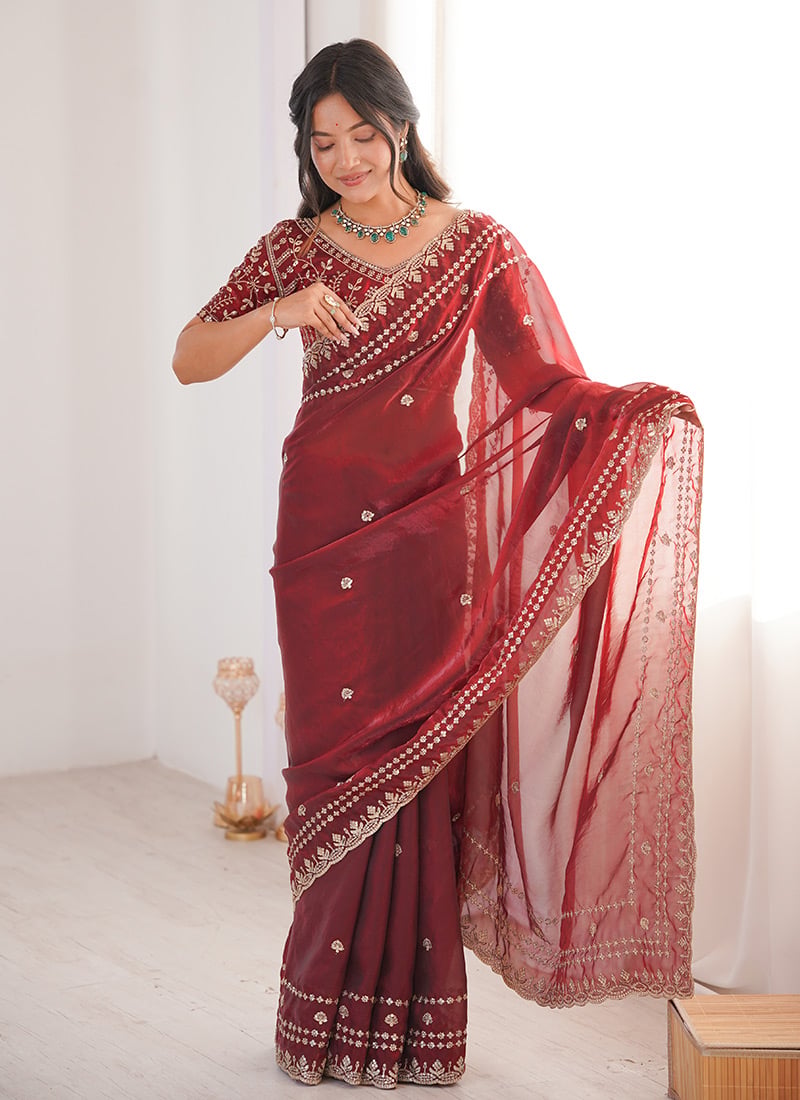 Maroon Fandy Silk Embroidered Sequins Saree Festive Wear