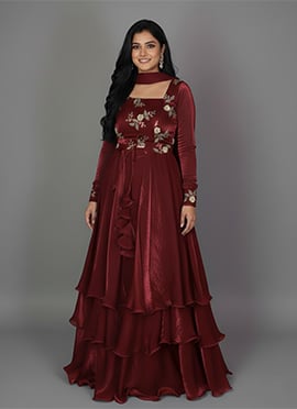 Maroon Fandy Silk Zari Sequins Hand Embroidered Anarkali Lehenga Set