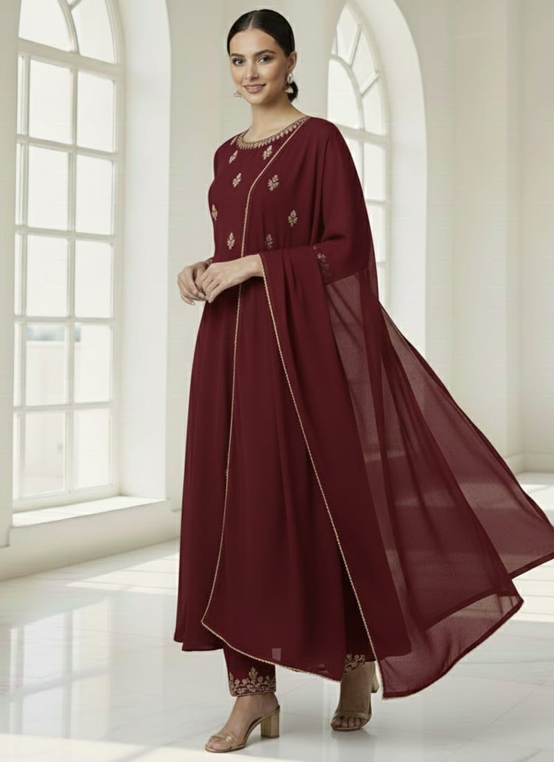 Maroon Faux Georgette Anarkali Suit With Zari Sequins Work Festive Wear