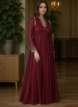 Maroon Faux Georgette Beads And Hand Embroidered And Sequins Anarkali Suit