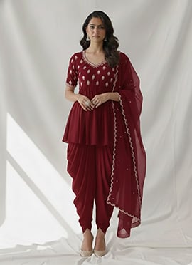 Maroon Faux Georgette Beads And Sequins Dhoti Suit