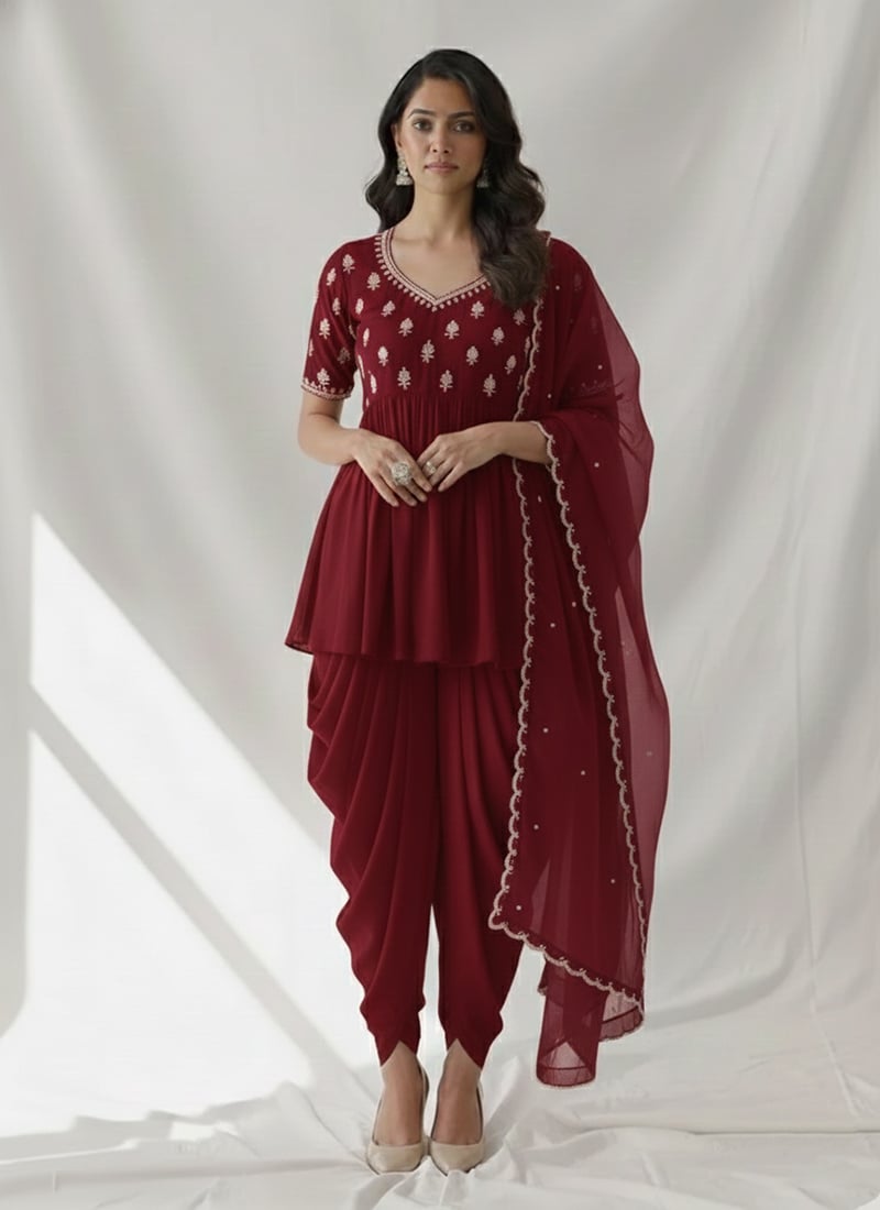 Maroon Faux Georgette Beads And Sequins Dhoti Suit Festive Wear