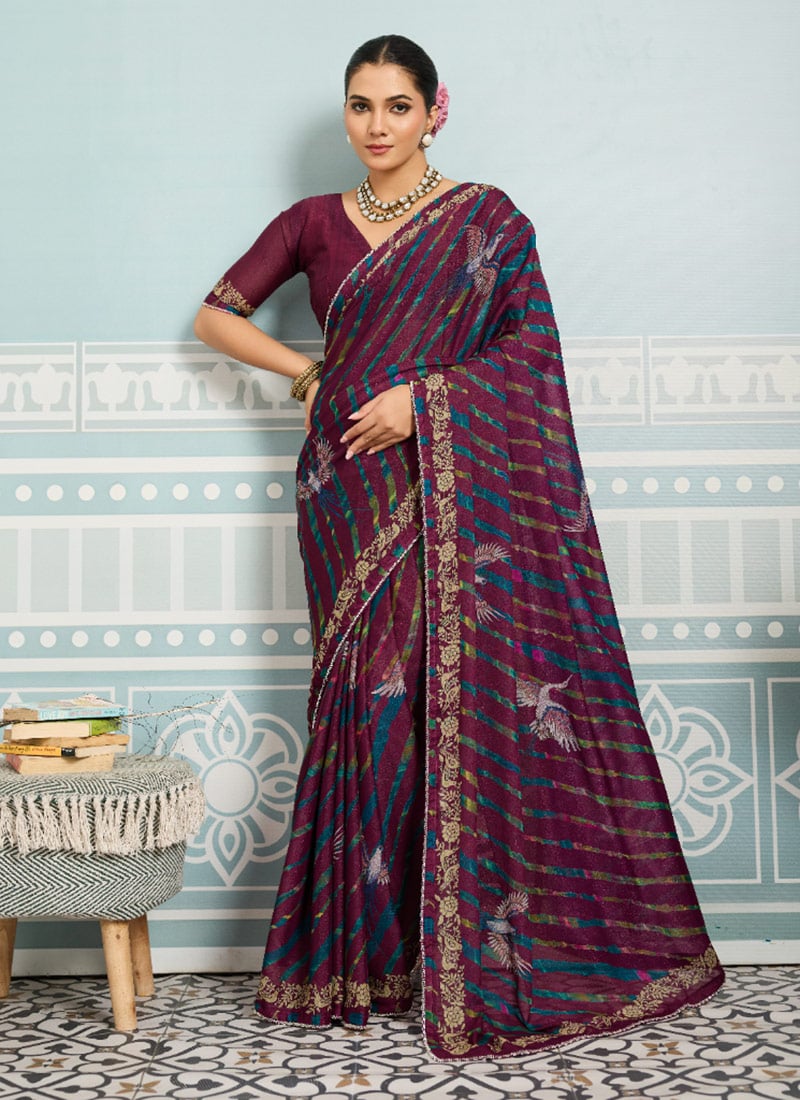 Maroon Faux Georgette Digital Print Saree After Six Wear